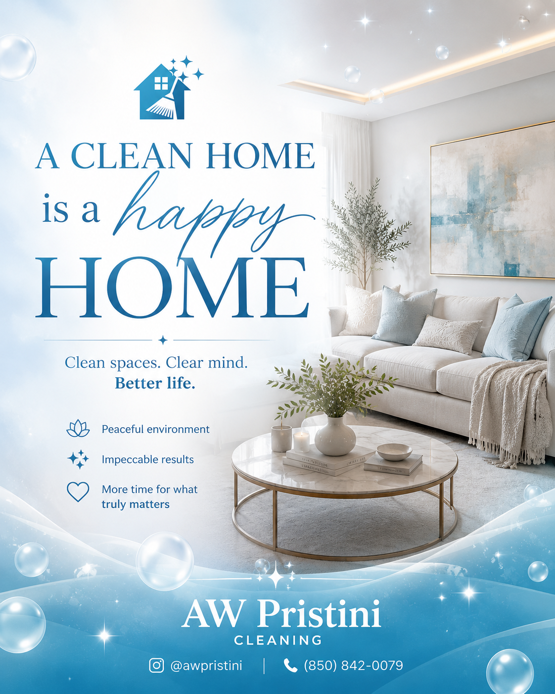 Bright, elegant clean living room with AW Pristini Cleaning branding